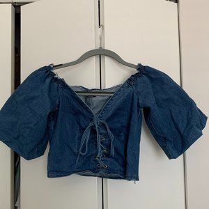 Cropped Denim Top w/Balloon Sleeves